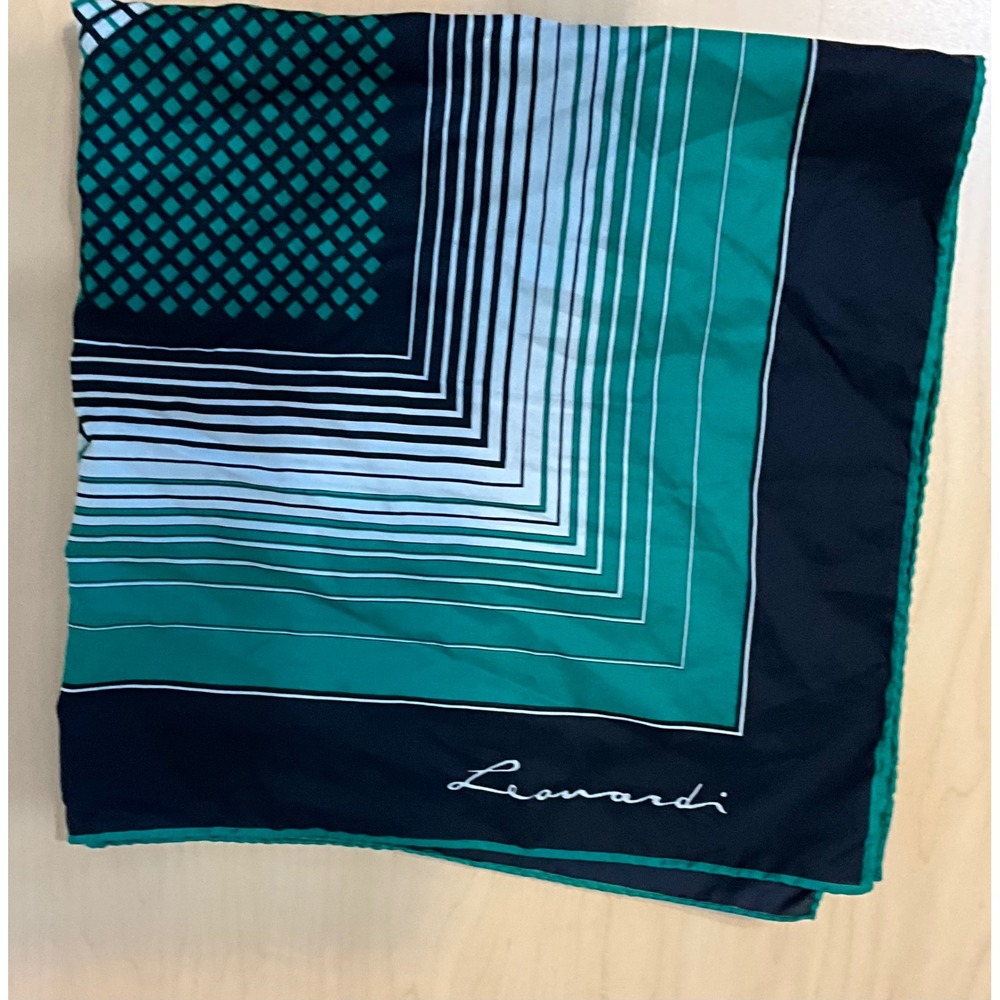 Leonardi Geometric Square Scarf Green Navy Blue White Striped Grid Print - Picture 2 of 5